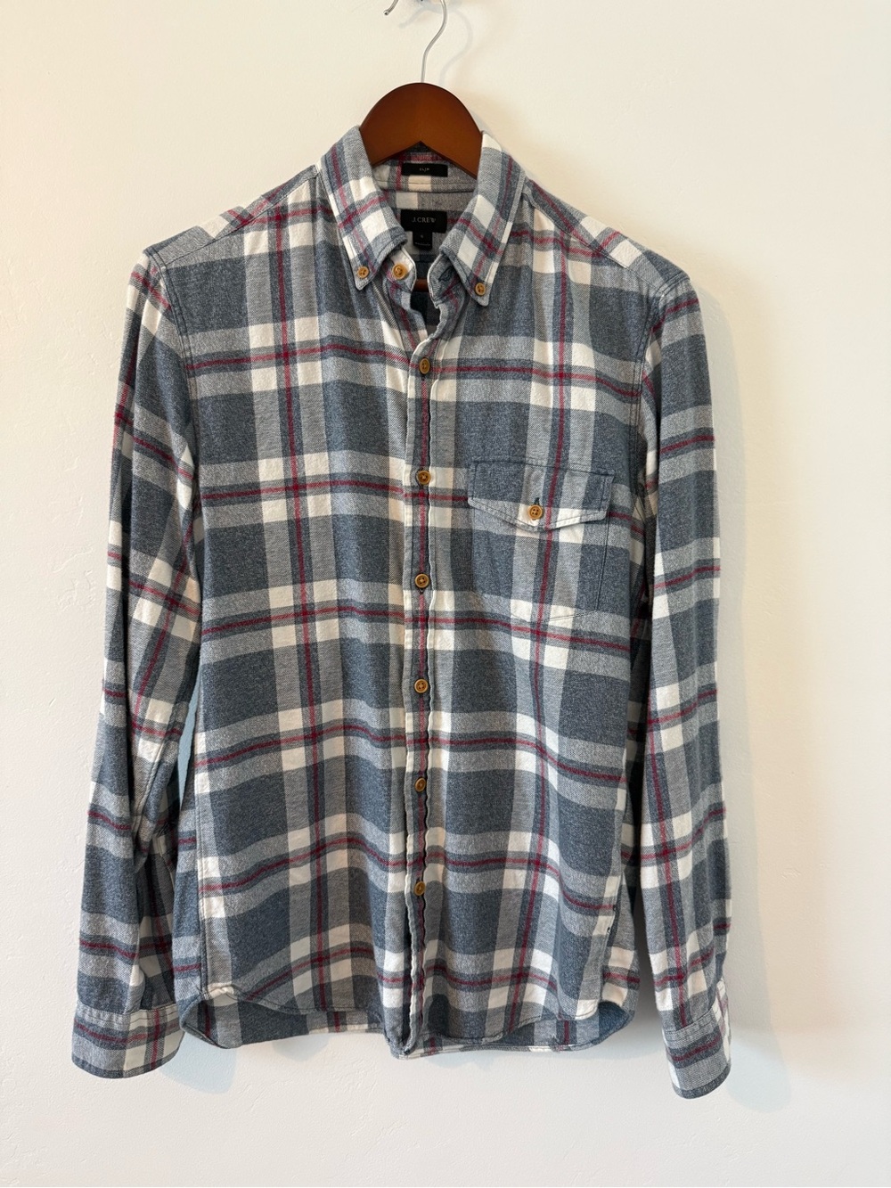 J. Crew Flannel Grey, White with Red Accents. Men’s Small